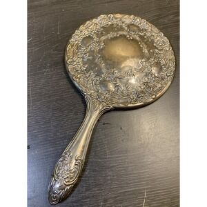 Vintage Silverplate Ornate Vanity Hand Mirror Floral Pattern 9" Victorian